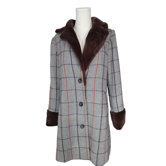 Small French Mauve Eva Plaid Faux Fur Trim Coat - Picture 1 of 10